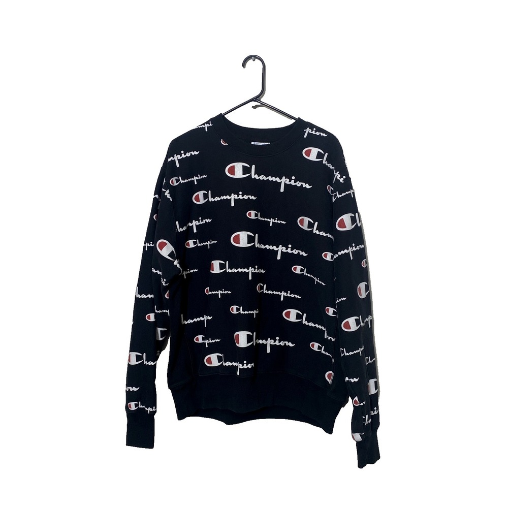 Champion Reverse Weave All Over Logo Script Sweatshirt XL Black Pullover Heavy